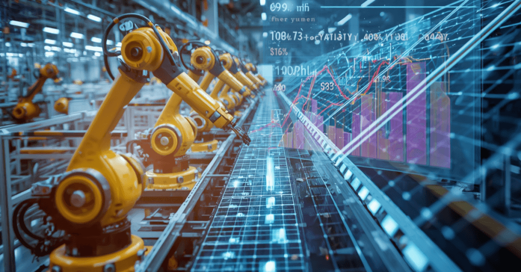 fabbrica automatizzata con robot industriali e grafici di crescita, rappresentazione degli incentivi piano Transizione 5.0 per innovazione ed efficienza energetica