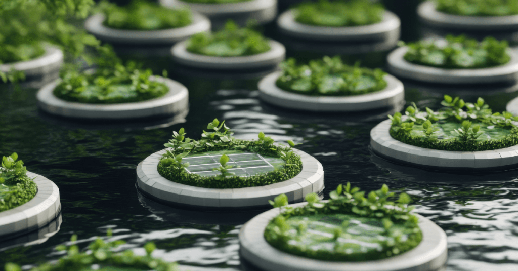 Piattaforme circolari galleggianti con vegetazione su acqua, simbolo di innovazione e sostenibilità, in linea con le opportunità degli Accordi di Sviluppo nella Manovra 2026.