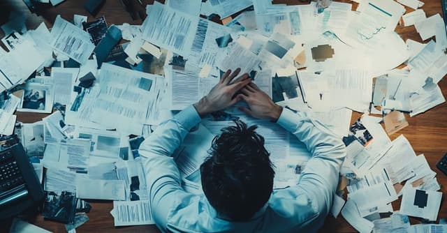 Persona circondata da documenti e fogli su scrivania, simbolo di complessità normativa e incentivi revocati – Webinar FI Group