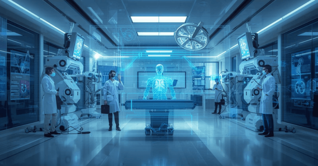 Innovazioni tecnologiche nel settore sanitario: laboratorio con robot chirurgici, ologrammi e medici che utilizzano strumenti digitali per diagnosi e formazione.