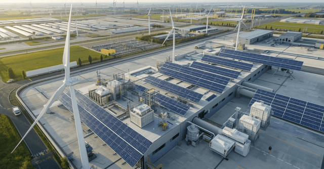 CISAF: impianto industriale con pannelli solari e turbine eoliche per la produzione di tecnologie pulite.