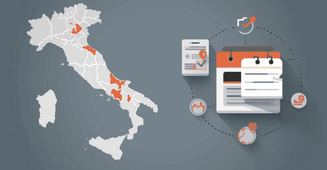 Mappa dell’Italia con Regioni evidenziate e icone di calendario e documentazione, usata per rappresentare i bandi nazionali e regionali 2026 del primo trimestre.
