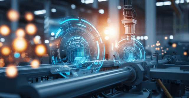 Macchinari industriali automatizzati con interfacce digitali e ologrammi che rappresentano tecnologie Industria 4.0 in una fabbrica avanzata.