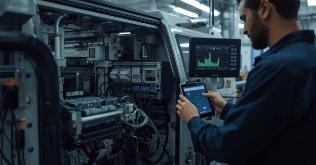 Tecnico esegue un intervento di revamping industriale su un macchinario, con quadro elettrico aperto, PLC e sensori collegati a tablet e pannello HMI integrati con tecnologie Industria 4.0 e 5.0.