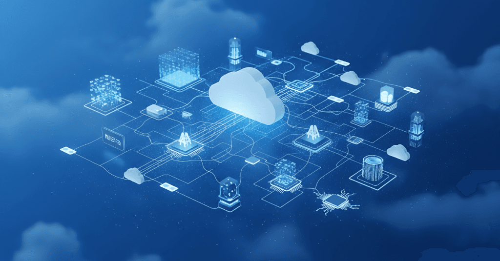 Rete digitale con icona cloud centrale e simboli tecnologici collegati, rappresentazione dei servizi del Voucher Cloud & Cybersecurity.