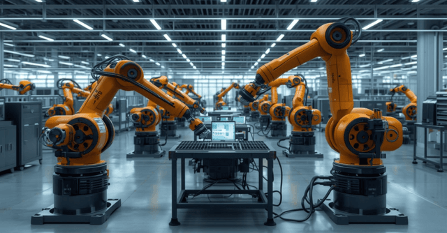 Meccatronica: Sistemi meccatronici avanzati con bracci robotici industriali in una smart factory automatizzata e digitalizzata.