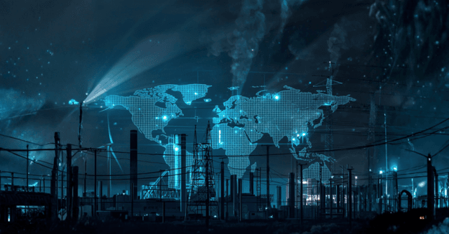 Infrastrutture energetiche industriali con mappa globale digitale che rappresentano l’impatto del caro energia sulla competitività internazionale delle imprese e la misura SIMEST Energia per la competitività internazionale.